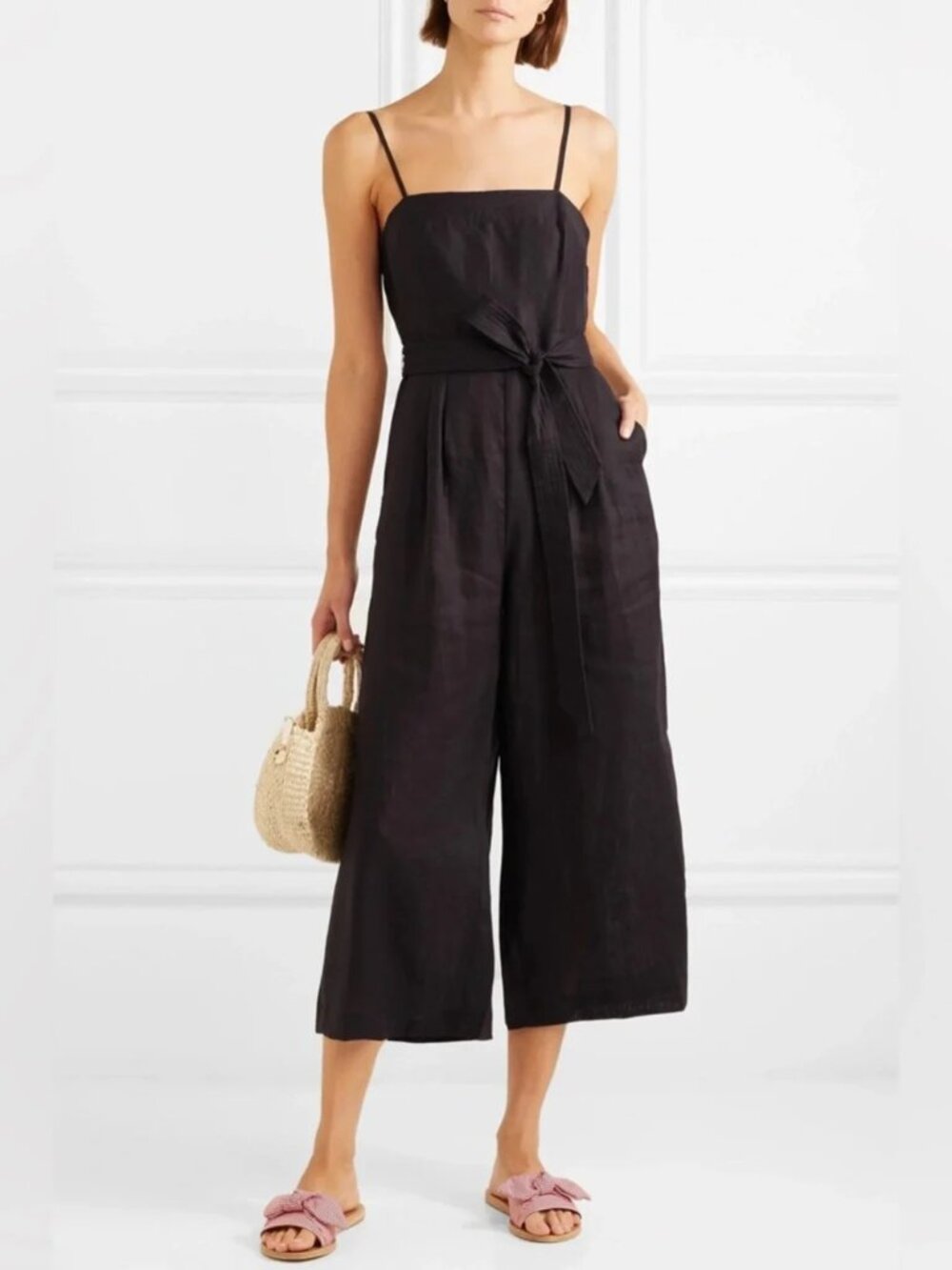 J.Crew Black Linen Wide cropped leg jumpsuit
